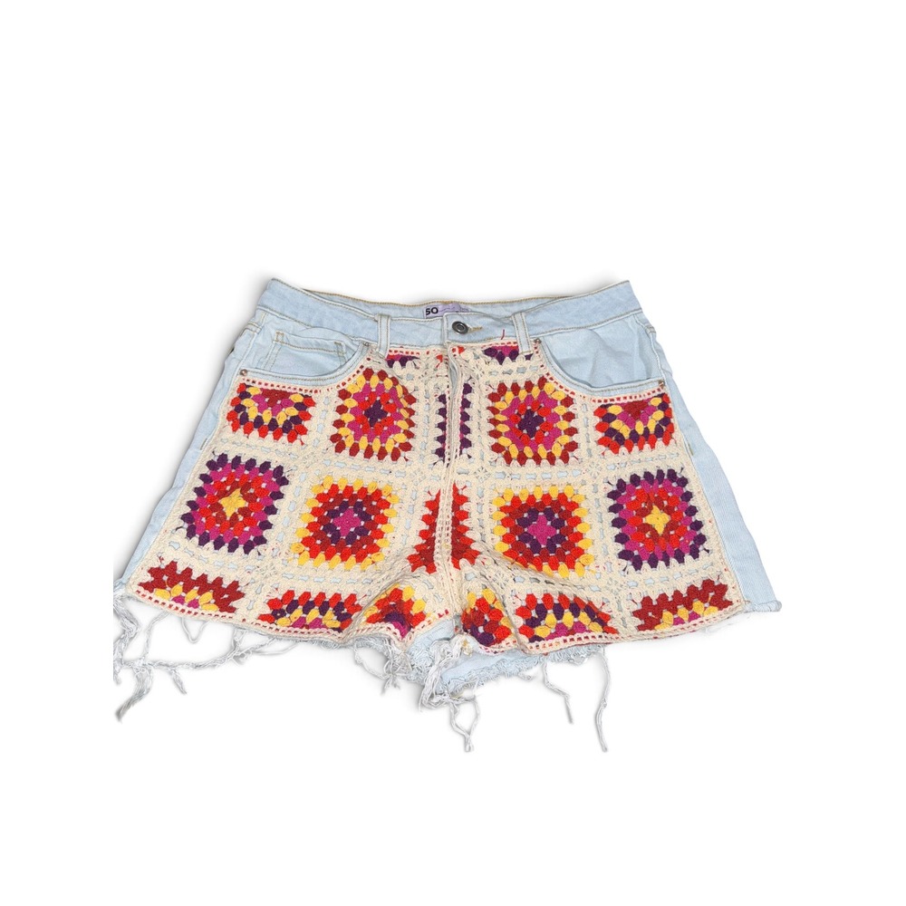 SO Goods For Life Crochet Granny Square Denim Shorts Light Wash Blue Size 11/30W